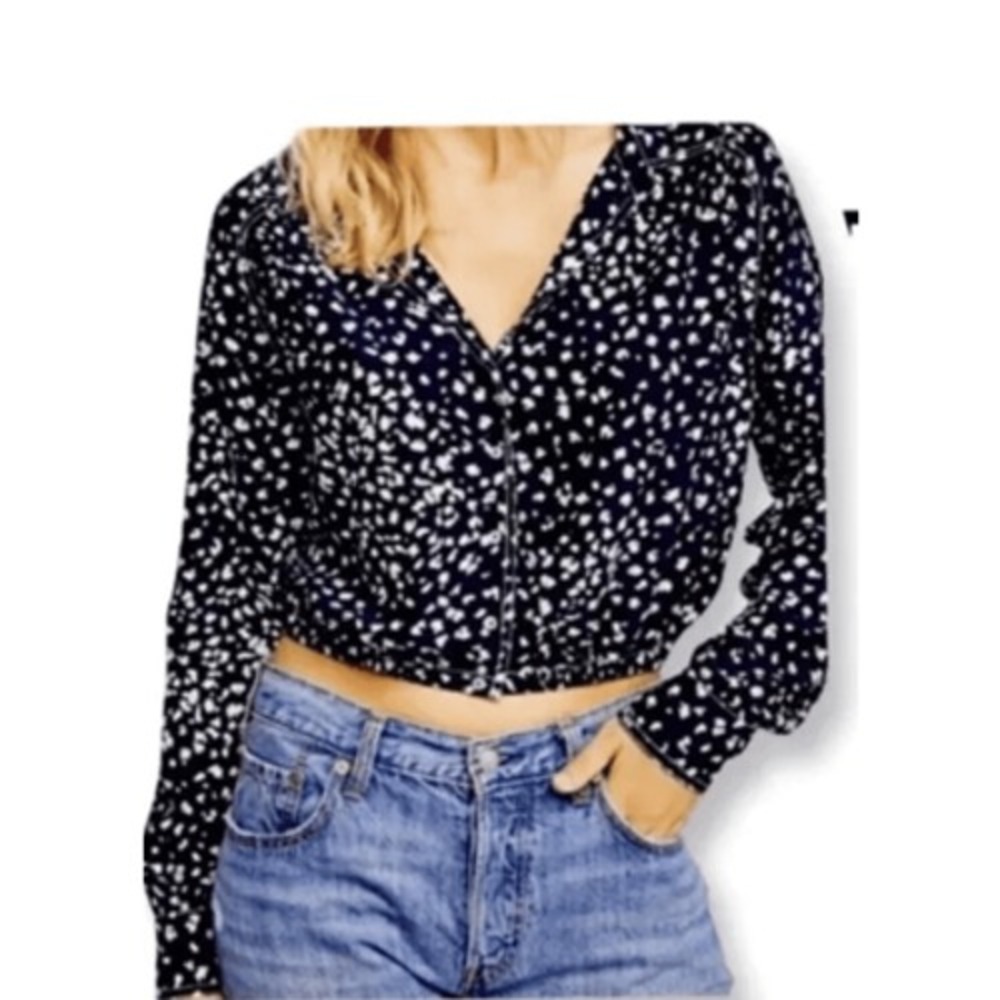 Free People Shirt Blouse Top Cropped Button Down Size S Navy GUC Viscose